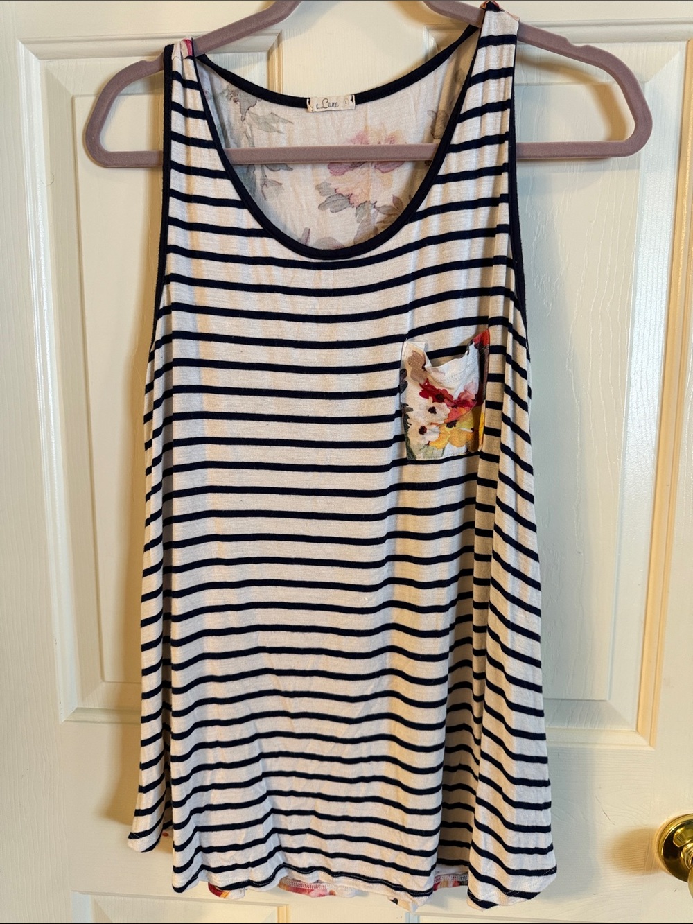 Striped Navy & White Tank Top with Floral Pocket